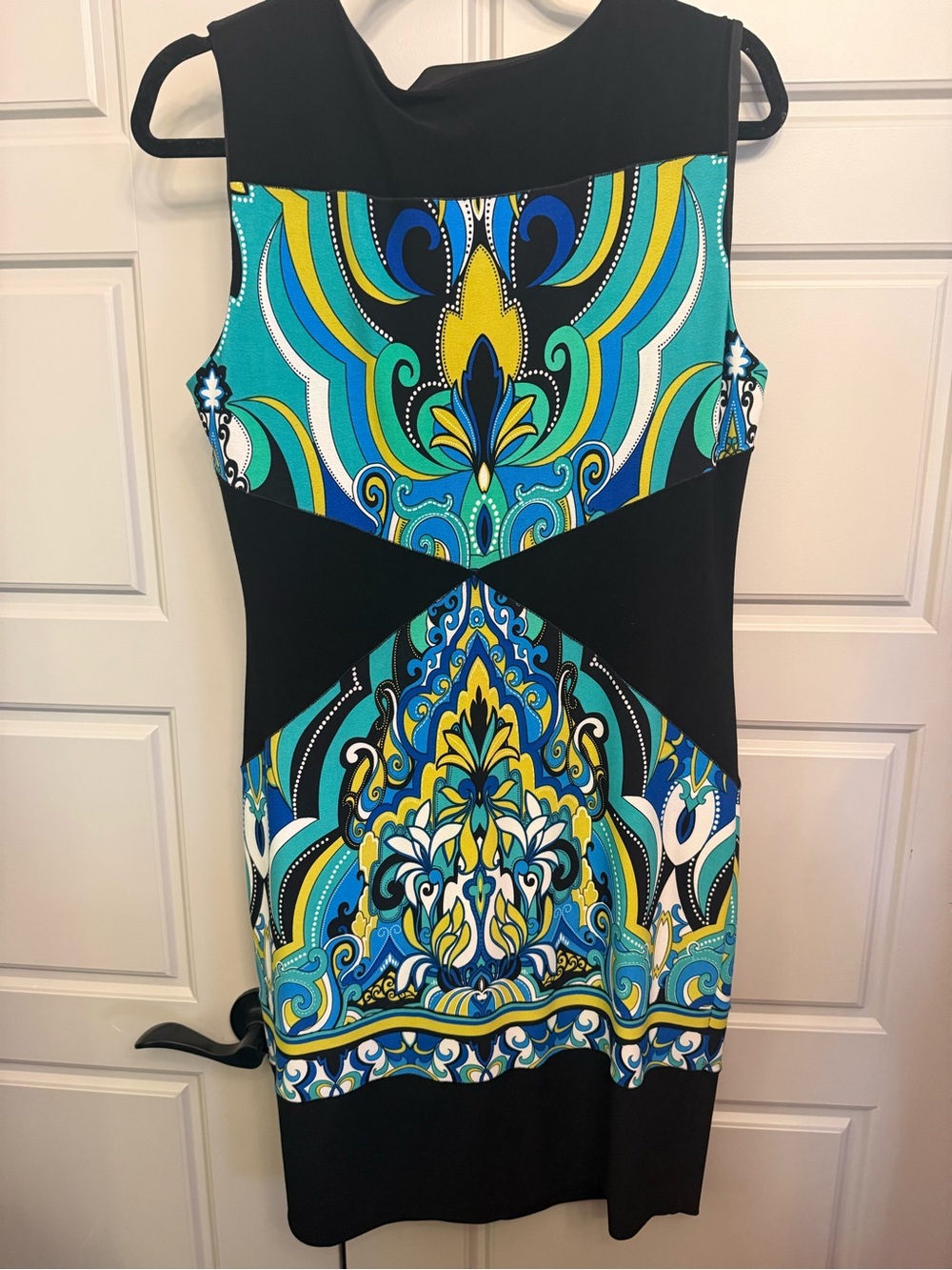 Joseph Ribkoff Black Dress with Blue, Teal and Yellow Print